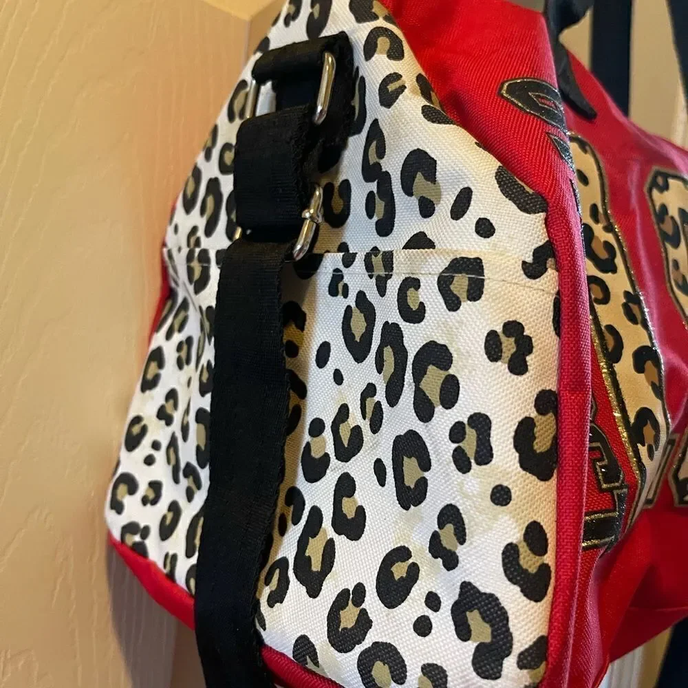 Justice Red and Cheetah print Gymnastics bag gold glitter accents black straps